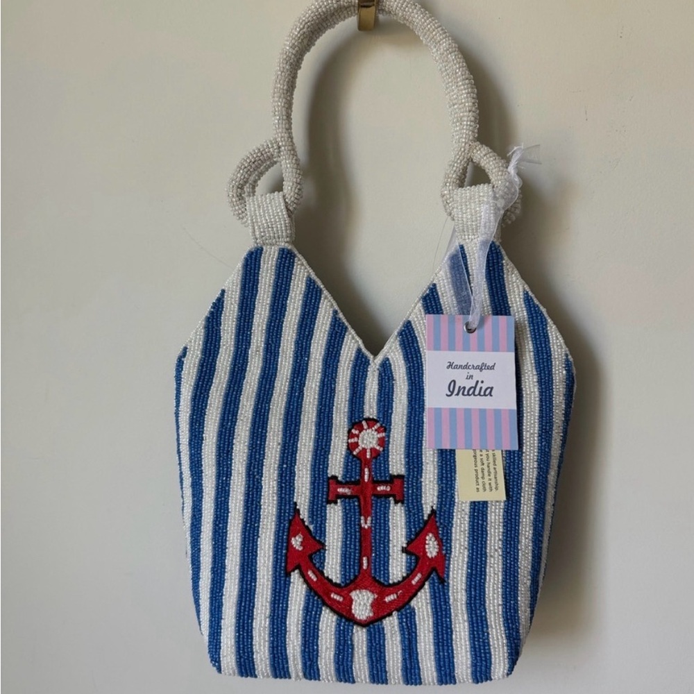 Viral beaded anchor blue white striped bag